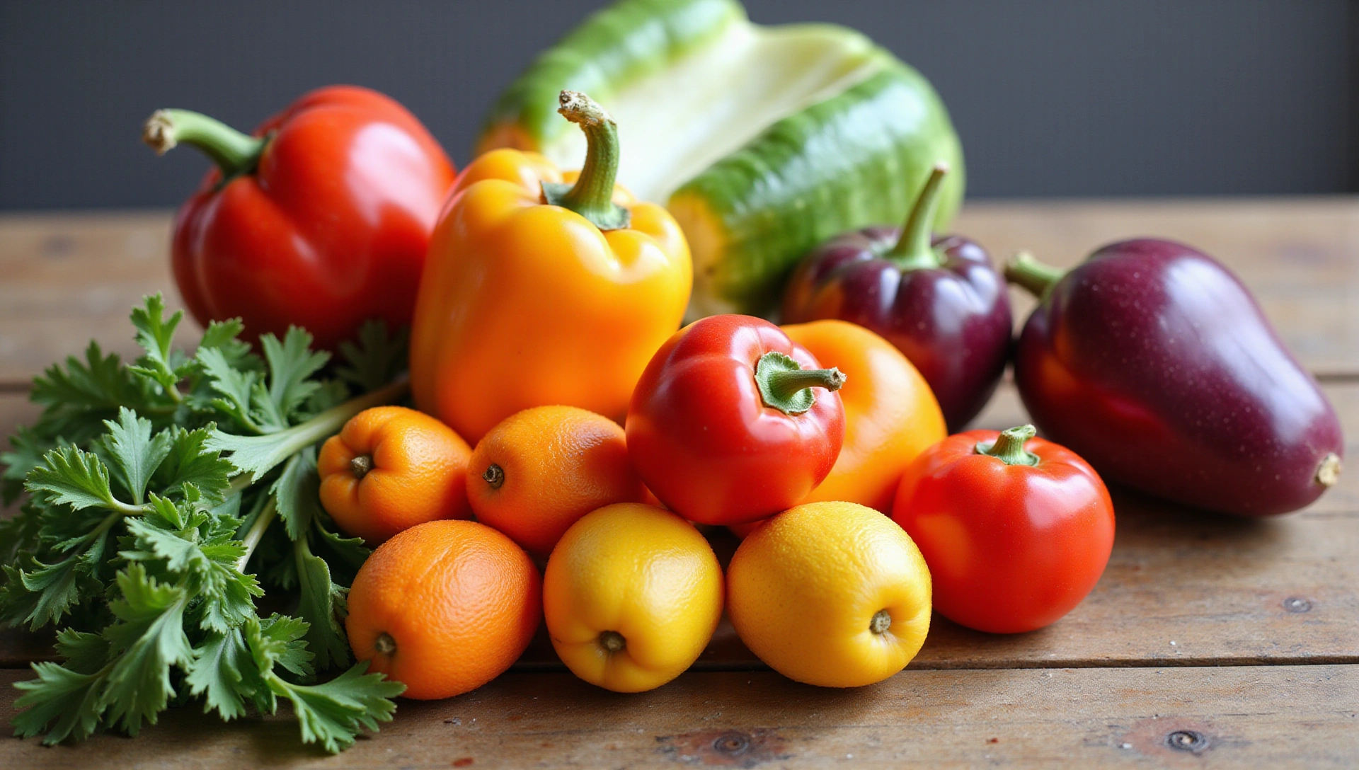 Frische, bunte Gemüse und Obst auf einem Holztisch
